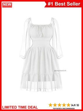 Chiffon Short Dress Square Neck Lantern Sleeve Tie Back